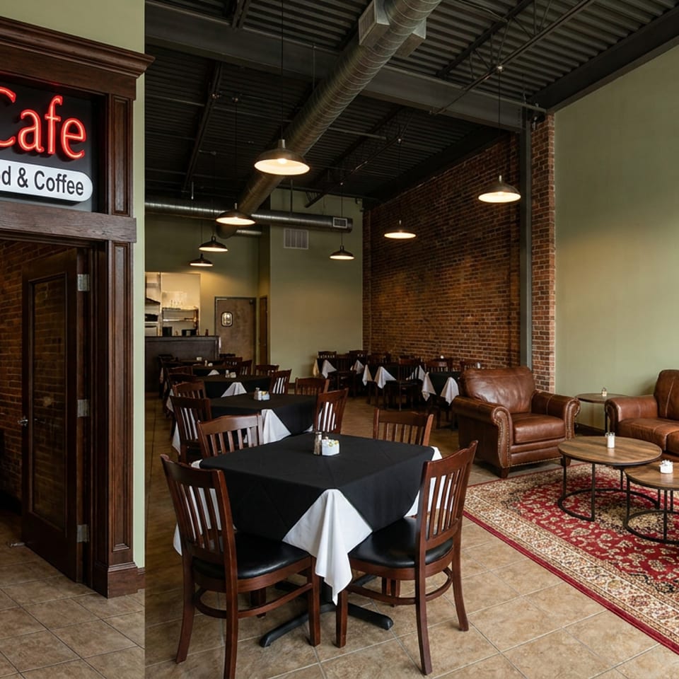 Petra Cafe Mediterranean restaurant interior with white-clothed tables, exposed brick walls, leather seating, and illuminated open sign.