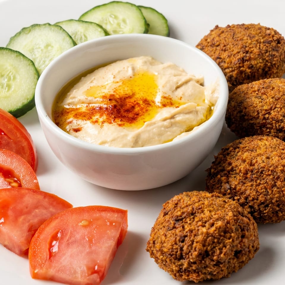 Plate of falafel balls with hummus topped with paprika and oil, accompanied by sliced cucumbers and tomatoes.