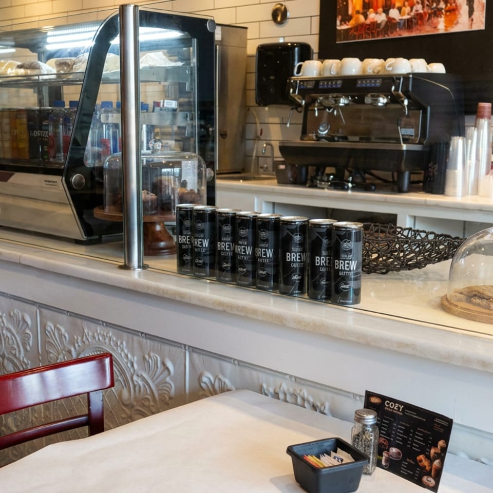 Warm café counter with espresso machine, pastry display, bottled syrups, canned drinks, and red chairs surrounding a table.