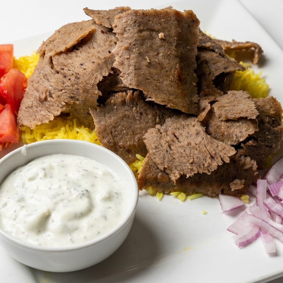 Plate of sliced gyro meat over yellow rice with tomatoes, red onions, and creamy tzatziki sauce.