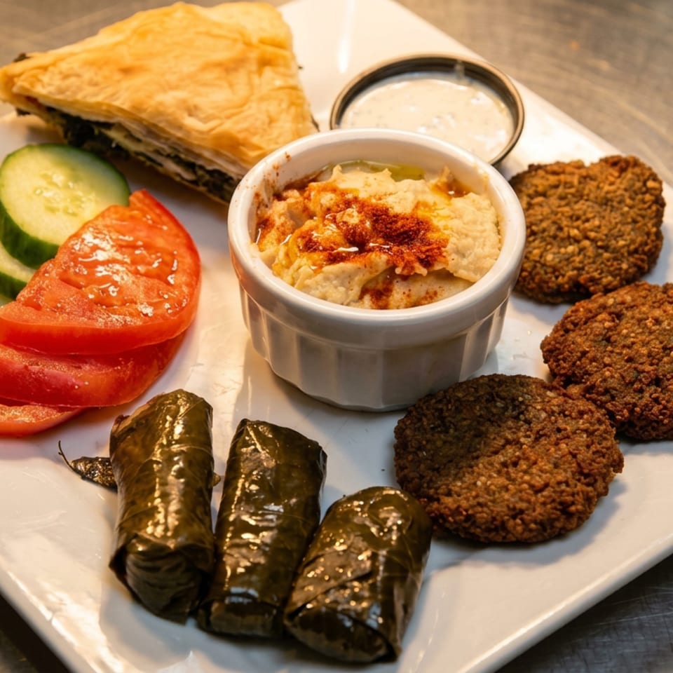 Mediterranean appetizer platter with hummus, falafel, stuffed grape leaves, sliced tomatoes and cucumbers, pastry, and dipping sauce.