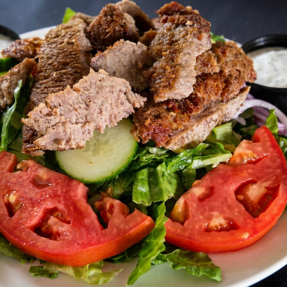 Plate of mixed greens topped with sliced tomatoes, cucumber, grilled meat, crispy flatbread, and two bowls of creamy sauce.