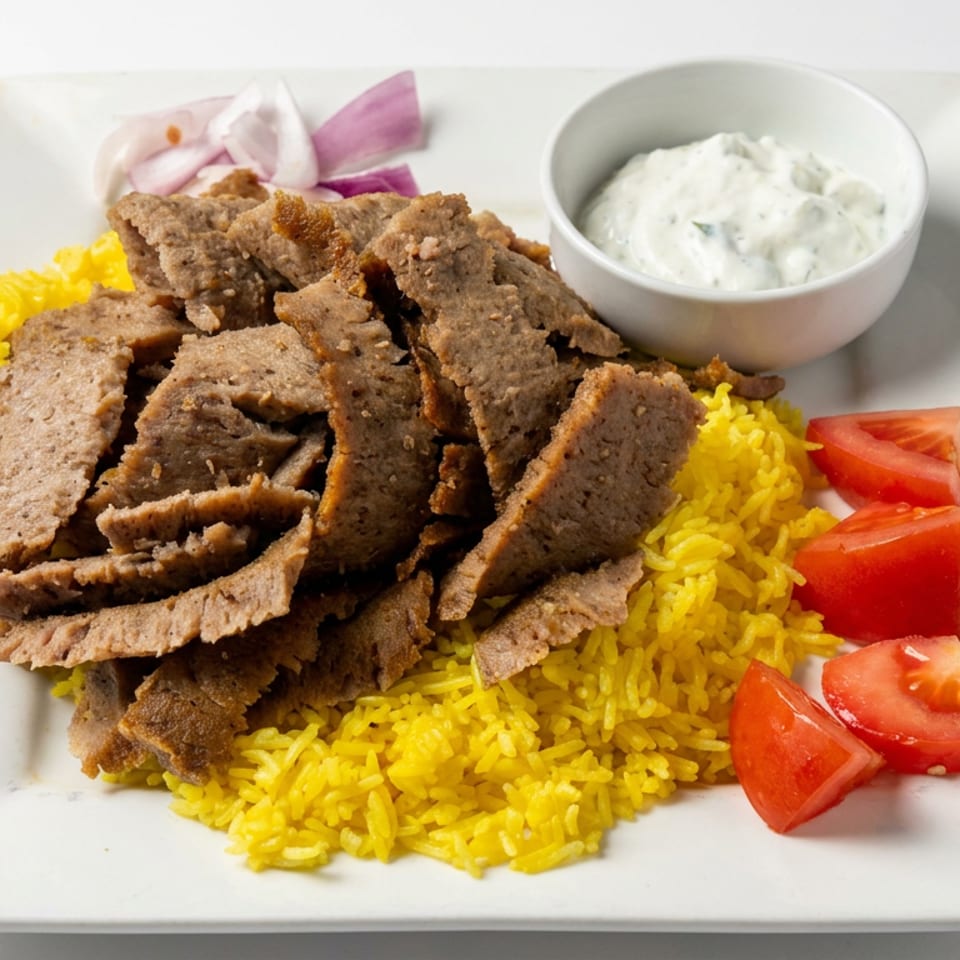 Sliced gyro meat over yellow rice with tomato wedges, red onion, and a bowl of creamy tzatziki sauce.