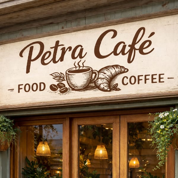 Petra Café sign with coffee cup, croissant, and coffee beans, flanked by lanterns and hanging plants.