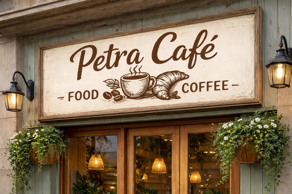 Petra Café sign with coffee cup, croissant, and coffee beans, flanked by lanterns and hanging plants.