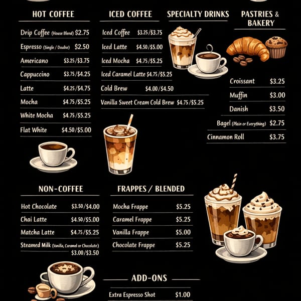 A menu for Cozy Coffee House, featuring hot and iced coffees, specialty drinks, pastries, and add-ons.