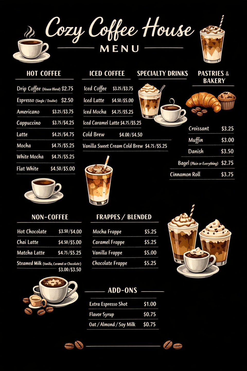 A menu for Cozy Coffee House, featuring hot and iced coffees, specialty drinks, pastries, and add-ons.