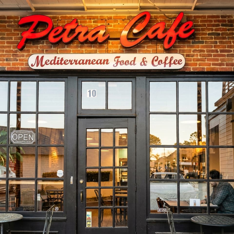 Petra Cafe entrance with brick facade, Mediterranean Food & Coffee sign, glass doors, and visible indoor seating.